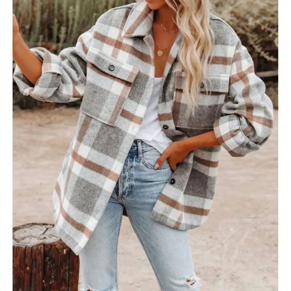 Neutral Plaid Flannel Shacket Button Down Shirt Casual Jacket Women’s Size M